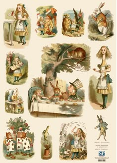 an illustration of alice and the wonderland tea party with many different characters on it's table