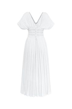 Eira Pleated V-Neck Linen Ankle Length Dress | MEAN BLVD White Pleated V-neck Maxi Dress, Pleated V-neck Maxi Dress For Formal Events, Elegant Pleated V-neck Maxi Dress, Elegant Linen V-neck Maxi Dress, Formal Linen Maxi Dress, Formal V-neck Linen Dress, Chic V-neck Maxi Dress With Pleated Waist, Linen V-neck Party Dress, Elegant V-neck Maxi Dress With Pleated Waist