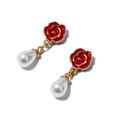 Roses and pearls... it just doesn't get more classic or elegant than this pairing! These lovely gold-tone drops have a dainty sculpted-look red rose on top and a teardrop-shaped faux pearl on bottom. They'll be your new go-to earrings for fancy occasions. Finish: Gold-toneDrop: 1 in. / 2.54 cm.Closure: Post back Primary Material: Metal - Claire's Sculpted Rose & Teardrop Pearl 1" Drop Earrings Roses And Pearls, Claires Earrings, Fashionable Jewelry, Yellow Earrings, Red Earrings, Red And Yellow, Jewelry And Accessories, Rose Earrings, Descendants