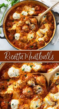 ricotta meatballs in a red sauce and topped with dollops of ricotta. Simple Side Salad, Ricotta Meatballs, Meatball Dinner, Resepi Biskut, Italian Meatballs Recipe, Freezer Food, Meatball Recipes Easy, Ricotta Recipes, Meatless Main Dishes