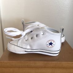 Nwot Never Worn Converse Crib Shoes In Size 3. Gender Neutral And Super Cute :) Leather Upper And Textile Lining And Sole Cute White Sneakers With Rubber Sole, Comfortable Playtime Sneakers With Soft Sole, White High-top Booties With Soft Sole, White Lace-up Booties With Soft Sole, Synthetic Sneakers With Soft Sole, White Non-slip Leather Sneakers, Synthetic Sneakers With Soft Sole, Closed Toe, White Non-slip Booties With Round Toe, Soft Sole Synthetic Sneakers