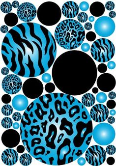 an animal print pattern with blue and black balls