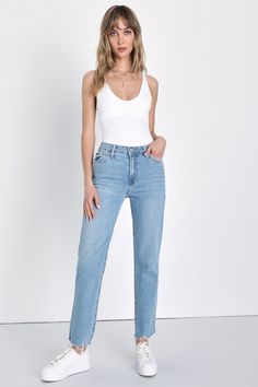 Roaming Wild Light Wash High-Waisted Straight-Leg Jeans Most Comfortable Jeans, Light Denim Jeans, Casual Formal Dresses, Just Black, Straight Cut Jeans, Lulu Fashion, Cut Top, Light Wash Jeans, Bottom Clothes