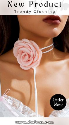 Satin Flower Choker Necklace Chic Pink Flower-shaped Jewelry, Rose-colored Flower Jewelry For Party, Rose Flower Jewelry For Party, Elegant Rose Jewelry For Spring, Flower Shaped Necklaces For Party, Trendy Flower Necklace For Party, Spring Flower Pendant Necklace For Party, Trendy Flower Necklaces For Party, Feminine Flower Jewelry For Party