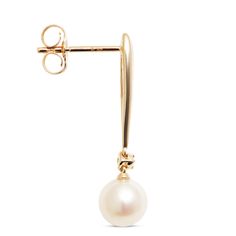 This pair of pearl drop earrings is elegant with diamond sparkle. Each earring features a 14K yellow gold loop that drops below the ear to a small round diamond atop a cultured freshwater pearl. These earrings have a post-push-back type closure. Diamond Drops, Yellow Gold Earring, Diamond Drop Earrings, Pearl Drop Earrings, Pearl Drop, Earring Backs, Cleaning Jewelry, Round Diamond, Diamond Jewelry