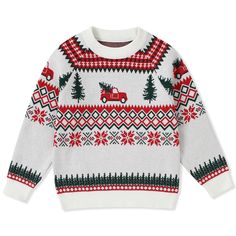 a white sweater with christmas trees and trucks on it