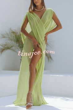 Enjoy Your Vacation Linen Blend Ruched Shoulder Drape Loose Cover Up Maxi Dress Sheer Green Maxi Dress For Summer, Beachwear Ruched Dress For Beach Party, Ruched Dress For Beach Party Season, Ruched Dress For Beach Party, Ruched Maxi Beachwear Dress, Summer Party Maxi-length Cover-up, Ruched Beach Dress For Vacation, Summer Party Maxi Length Cover-up, Summer Party Maxi Cover-up