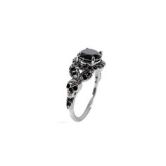 Skull Gothic Promise Ring 1.65TCW Black Onyx Halo Gun Metal Finish Black Skull Sterling Silver Jewelry, Black Sterling Silver Skull Jewelry, Black Skull Rings As Gift, Black Skull Rings For Gift, Black Skull Jewelry For Formal Occasions, Formal Black Skull Jewelry, Black Sterling Silver Skull Ring, Black Gothic Skull Ring For Anniversary, Gothic Black Skull Ring For Anniversary