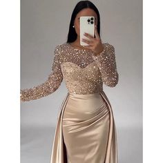 Silhouette:Mermaid / Trumpet; Hemline / Train:Floor Length; Closure:Zipper UP; Built-In Bra:Yes; Embellishment:Pearls,Overskirt; Fabric:Satin,Sequined; Sleeve Length:Long Sleeve; Tips:Colors may vary slightly due to different monitor settings,Professional dry cleaner only; Boning:No; Style:Sparkle  Shine,Elegant; Occasion:Carnival,Masquerade; Neckline:Illusion Neck; Front page:Evening Gown; Listing Date:08/29/2023; Bust:; Hips:; Hollow to Floor:; Waist:; Features:Champagne Mother Of the Bride Dr Champagne Satin Dress, Fall Wedding Reception, Cocktail Dress Elegant, Satin Dresses Long Sleeve, Sequin Evening Gowns, Evening Dresses Online, Satin Dress Long, Fall Wedding Guest Dress, Cheap Evening Dresses