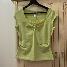 Brand New With Tag. Green Fitted Casual T-shirt, Casual Fitted Green T-shirt, Spring Stretch Lime Green Top, Light Green Short Sleeve Cotton Top, Light Green Cotton Short Sleeve Top, Fitted Light Green Top For Spring, Green Stretch Cotton T-shirt, Casual Lime Green Cotton Top, Casual Fitted Lime Green Top