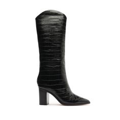 Analeah Crocodile-Embossed Leather Boot – SCHUTZ Crocodile Boots, Black Knee Boots, High Quality Boots, Flowy Midi Dress, Size 11 Heels, Block Heel Boots, Black Knees, Evening Outfits, Leather Boot