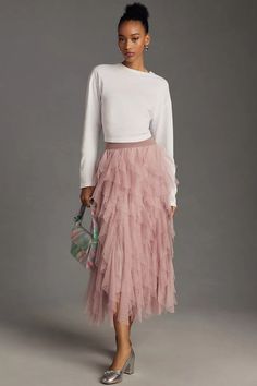 The Chéri Ruffled Tulle Midi Skirt by Anthropologie | Anthropologie Style Pink Tulle Skirt, Tulle Skirt Sweater Outfit, Plus Size Tulle Skirt, Napa Outfit, Cream Tulle Skirt, Tulle Skirt Outfit, Anthropologie Fashion, Tulle Skirts Outfit, Pink Tulle Skirt