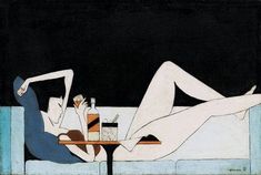 a woman laying on top of a white couch next to a table with a bottle