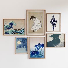 six framed art pieces hang on the wall