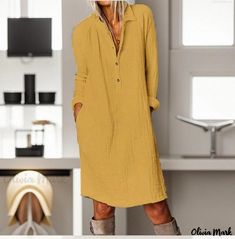 Olivia Mark - Solid Color Cotton Linen Long Sleeve Dress Cotton Linen Dresses, Womens Shift Dresses, Breezy Dress, Linen Shirt Dress, Linen Midi Dress, Solid Color Dress, Turndown Collar, Belarus, Aaliyah