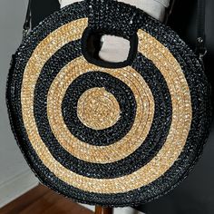 Southbeach Round Black/Tan Straw Bag Never Worn But No Tags Detachable Strap Cloth Inner Medium/Large Size Black Rectangular Straw Bag For Day Out, Chic Black Shoulder Bag For Beach Season, Black Straw Tote Bag, Casual Black Straw Bag With Adjustable Strap, Trendy Black Shoulder Bag For Vacation, Black Straw Tote Shoulder Bag, Everyday Black Straw Bag, Black Tote Shoulder Bag For Vacation, Trendy Black Straw Bag For Vacation