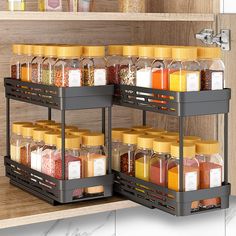 an organized spice rack in a kitchen with spices and condiments on the shelves