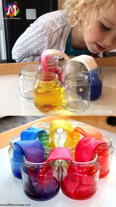 two images of a child playing with colored sand and water in small glass jars on a table