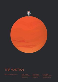 the martian movie poster with an astronaut standing on top of a large orange ball in space