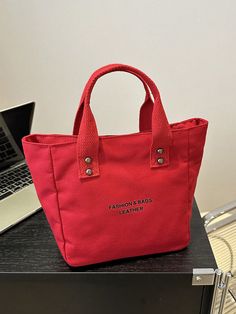 Women's New Solid Color Letter Print Simple Style Canvas Tote Bag, Suitable For Shopping, Casual, And Work, Zipper Closure Versatile Handbag. Red Vintage   Canvas Plain,Textured Pattern Bucket Bag   Women Bags, size features are:Bust: ,Length: ,Sleeve Length: Casual Top Handle Canvas Bag For Errands, Casual Top Handle Canvas Bag, Fabric Canvas Bag For Shopping, Spring Canvas Bag With Zipper Closure, Spring Canvas Bag With Zipper Pocket, Daily Use Tote Lunch Bag With Zipper Closure, Daily Use Tote Lunch Bag With Zipper, Red Canvas Shopping Bag, Red Canvas Satchel With Large Capacity