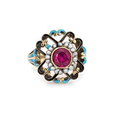 "Elegant and finely detailed Edwardian era enamel ring (circa 1900s to 1910s), crafted in 14 karat yellow gold. Created ruby measures 5mm (in very good condition and free of cracks or chips). Small natural 1mm seed pearls surround the ruby. A created ruby is set into a beautifully detailed scrolled mount. Blue and black enamel adds a pop of color, offering contrast to the ruby that is striking and unique. The ring is small in size (2 1/2) and can be resized up approx. 3-4 sizes. We have the enti Masonic Jewelry, Russian Jewelry, Antique Jewelry Rings, Gold Baroque, Edwardian Jewelry, Platinum Wedding Band, Art Nouveau Jewelry, Enamel Ring, Edwardian Era