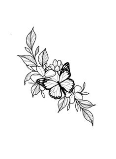 a black and white drawing of a butterfly on a flower with leaves in the background