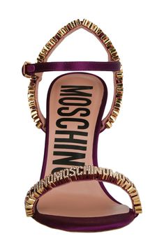 A sky-high heel builds the drama of a ankle-strap sandal complete with repeating 'Moschino' logo hardware at the straps. 3 3/4" heel Textile and leather upper/leather lining and sole Made in Italy Designer Shoes Sandals On Sale, Moschino Logo, Strap Sandals Women, Satin Heels, Girly Shoes, Dior Shoes, Sandals For Sale, Sneaker Heels, Shoe Lover