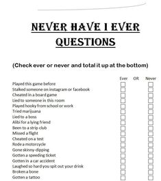 a printable question sheet with the words never have i ever questions