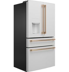 a black and white refrigerator with gold handles