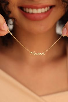 Mama- MAMA NECKLACE- Ready to ship items. DETAILS: Material: .925 Sterling Silver - Color: Gold Filled is available. If you want Silver or Rose Gold, please contact us. *Gold Filled is made of thick 14k gold or rose gold layered on .925 sterling silver. - Kind of chain:  Mama Script  font: Figaro Chain,  Uppercase letter is approx 6 mm in height. MAMA Black font: Bold Curb Chain,  Uppercase letter is approx 5mm in height. This listing is a READY-TO-SHIP necklace as sample. - Chain Length: Select Customizable Letter Jewelry, Letter-shaped Name Necklaces For Mother's Day, Name Necklace With Adjustable Chain As Gift For Mom, Custom Name Letter Jewelry For Mother's Day, Dainty Name Necklace For Mom, Mother's Day Letter Necklaces With Names, Mother's Day Letter-shaped Name Necklaces, Mother's Day Custom Name Letter Jewelry, Mother's Day Letter Shaped Name Necklace