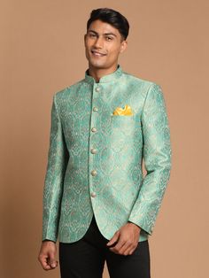 Vastramay Men's Green Woven Jodhpuri Fitted Green Bandhgala With Naqshi Detailing, Fitted Green Bandhgala With Naqshi, Designer Green Kurta For Festive Occasions, Green Bandhgala With Naqshi For Festivals, Designer Festive Pista Green Sets, Green Formal Traditional Wear With Naqshi Embroidery, Formal Green Traditional Wear With Naqshi Detailing, Formal Green Traditional Wear With Naqshi, Green Naqshi Traditional Wear For Formal Occasions