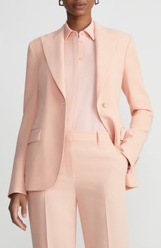 This blazer means business in a sharp silhouette cut from the brand's seasonless Finesse crepe and tailored with darts and softly structured shoulders. Front button closure Peaked lapels Front flap pockets 71% acetate, 29% polyester Dry clean Imported Designer Clothing Pink Skirt Set, Pant Suits For Women, Tailored Clothes, Crepe Blazer, Fall Wardrobe Essentials, Pink Blazer, Leather Shirt, Silhouette Cut, Girls Sweaters