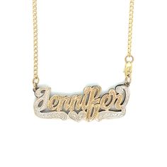 Own a one of a kind custom hand made nameplate necklace. This design can be made in your name or any name of your choice. Its completely hand made from start to finish. The attention to detail really comes out as compared to a machine made one that looks bland and no design. This particular designs comes in yellow gold back and white gold top with hand carved heart with diamond cuts throughout the piece to give it a beautiful luster and shine while making the nameplate really stand out. You can buy a chain or attach your own. Available in 10k and 14k pure gold. Please allow 3-5 business days for your handmade order to ship. Please contact us with any questions or inquiries.  Please Note: All our items are handmade and therefore there will be variations in listed measurements. Please Use me Affordable Elegant Nameplate Necklace, Name Plate Necklace, Carved Heart, Nameplate Necklace, Necklace Making, Plate Necklace, Personalized Pendant, Necklace Heart, Gold Top