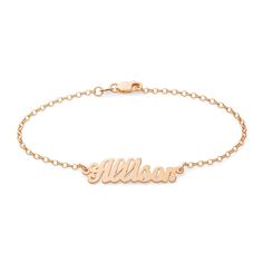 Stay on trend with a personalized Simple Script Rose Gold Name Bracelet.  This beautiful rose gold plated sterling silver nameplate is handcrafted just for you.  Created with simple script letters on a 6 inch rolo chain  this nameplate can be designed with your name  the name of someone you love or a meaningful word.  The nameplate charm will vary in size depending upon how many letters the name or word you choose contains. Personalized Rose Gold Sterling Silver Name Bracelet, Classic Customized Name Bracelet As Personalized Gift, Classic Customized Name Bracelet For Personalized Gift, Personalized Rose Gold Sterling Silver Bracelets, Personalized Sterling Silver Rose Gold Bracelet, Dainty Rose Gold Name Bracelet In Sterling Silver, Personalized Rose Gold Nameplate Bracelets, Dainty Rose Gold Custom Name Bracelet, Classic Sterling Silver Custom Name Bracelet