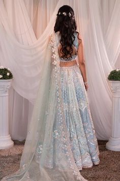 Mint blue can-can attached lehenga featuring sequin and resham work. Paired with an embroidered scallop neck blouse and an embroidered dupatta. - Aza Fashions Fitted Light Blue Embroidered Lehenga, Bohemian Blue Lehenga With Cutdana, Luxury Turquoise Embroidered Lehenga, Semi-stitched Blue Sequined Lehenga, Blue Semi-stitched Sequined Choli, Sequin Lehenga, Resham Work, Embroidered Dupatta, Can Can