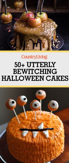 a cake with googly eyes on top and the words country living 50 + utterly bewitching halloween cakes