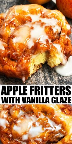 an apple fritters with vanilla glaze is cut in half to show the inside