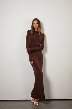 ALB Everyday - Golden Brown Dress - Anne Louise Boutique Long One Piece Dress Western, Golden Brown Dress, One Piece Dress Western, Maternity Wedding Guest Dress, Dress Code For Women, Brown Evening Dresses, Brown Long Sleeve Dress, Brown Maxi Dresses, Guest Attire