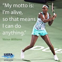 a woman holding a tennis racquet on top of a tennis court in front of a quote