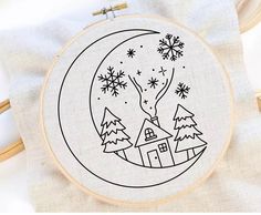 a embroidery project with a house and trees on it