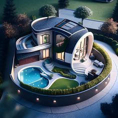 an aerial view of a futuristic house with pool and hot tub in the middle of it