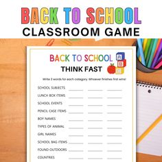 the back to school classroom game is shown with pencils and pens on top of it