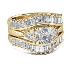 a gold ring set with two rows of baguettes and one row of diamonds