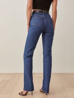 Cynthia High Rise Straight Long Jeans | Reformation Straight Long Jeans, Sustainable Denim, Long Jeans, Spring Summer Outfits, Denim Fabric, Straight Jeans, Bell Bottom Jeans, Stretch Denim, Levi Jeans