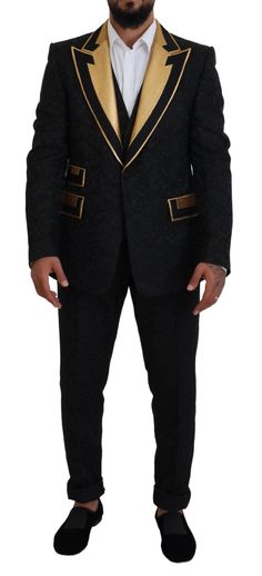 Dolce & Gabbana Black Gold Fantasy Tuxedo Slim Fit Suit Luxury Gold Evening Blazer, Gold Tailored Tuxedo For Formal Occasions, Luxury Fitted Suit For Festive Season, Gold Fitted Three-piece Suit For Semi-formal, Gold Fitted Three-piece Suit For Semi-formal Occasions, Fitted Gold Three-piece Suit For Semi-formal Occasions, Luxury Tailored Gold Tuxedo, Elegant Tailored Gold Tuxedo, Luxury Gold Tailored Tuxedo