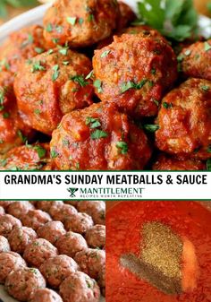 some meatballs and sauce on a white plate with the words grandma's sunday meatballs & sauce