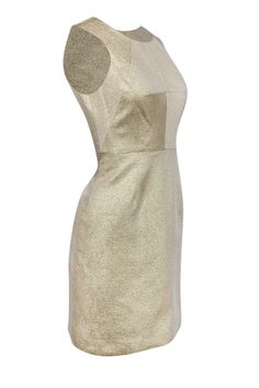 In this dress, you won’t even need to have a star on the top of the tree this year — you’ll be shiny enough! Gorgeous metallic gold covers the exterior of this piece from Shoshanna, creating the perfect holiday look for any party. The sheath silhouette will complement your figure, so pair with stilettos to elongate your legs and you’re ready for soiree season! Size 2 Shell: 40% Polyester, 39% Cotton, 21% Metallic Lining: 100% Poly Stretch Made in USA Concealed back zipper Lined Sheath silhouette Glamorous Gold Mini Dress For Formal Occasions, Gold Sleeveless Dress For Party Season, Gold Dresses For Holiday Night Out, Chic Gold Mini Dress For Holiday, Glamorous Gold Mini Dress For Holiday Party, Gold Knee-length Summer Dress, Gold Holiday Dresses For Night Out, Chic Gold Festive Dress, Chic Festive Gold Dress