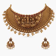 Deepti Antique Choker Set Bridal Choker Necklace With Intricate Design For Celebration, Elegant Gold Bridal Necklace For Rituals, Intricate Design Bridal Choker For Festivals, Bridal Choker Necklace With Intricate Design For Festive Occasions, Festival Bridal Necklace With Intricate Design Choker, Festive Bridal Choker Necklace With Intricate Design, Festive Bridal Choker With Intricate Design, Antique Gold Necklace With Intricate Design For Weddings, Festive Temple Jewelry Bridal Choker Necklace