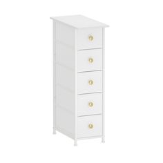 a white cabinet with five drawers and gold knobs on the bottom, against a white background