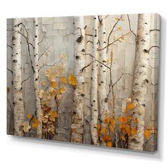 an abstract painting of birch trees with yellow leaves